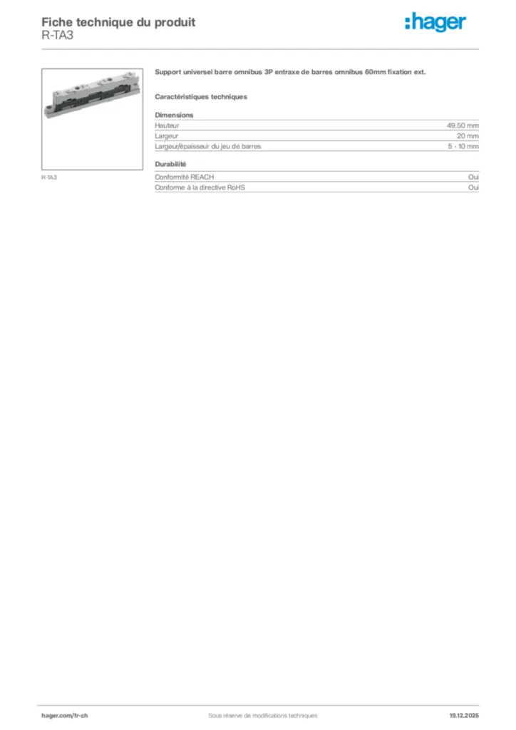 Image Hager Fiche technique du produit R-TA3 | Hager Suisse