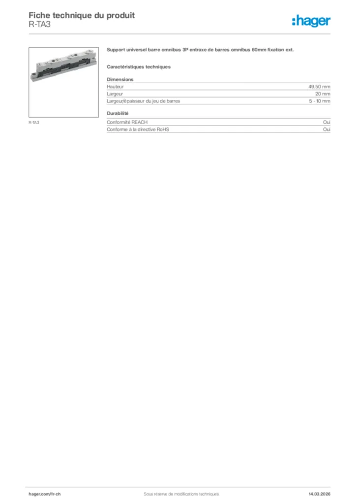 Image Hager Fiche technique du produit R-TA3 | Hager Suisse
