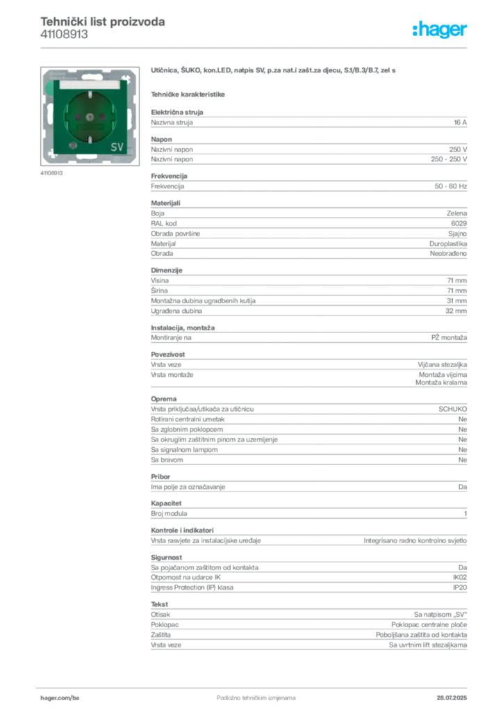 Slika Hager Product data sheet 41108913  | Hager