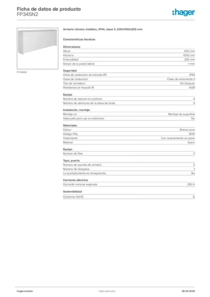 Imagen Hager Ficha de datos de producto FP34SN2 | Hager España