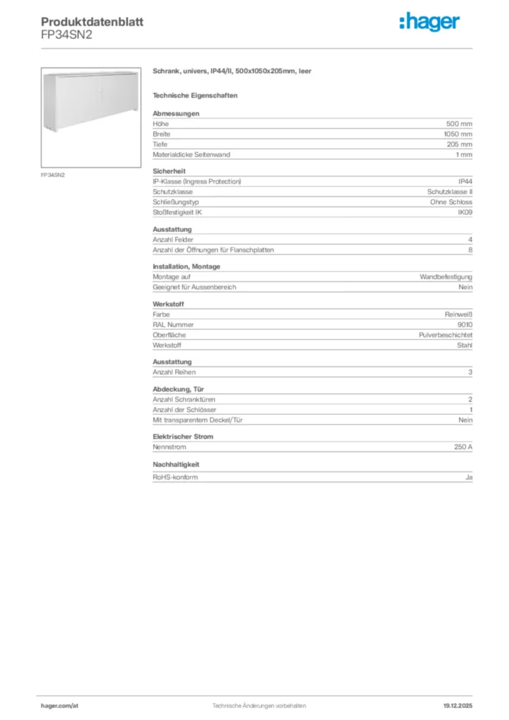 Bild Hager Produktdatenblatt FP34SN2 | Hager Deutschland