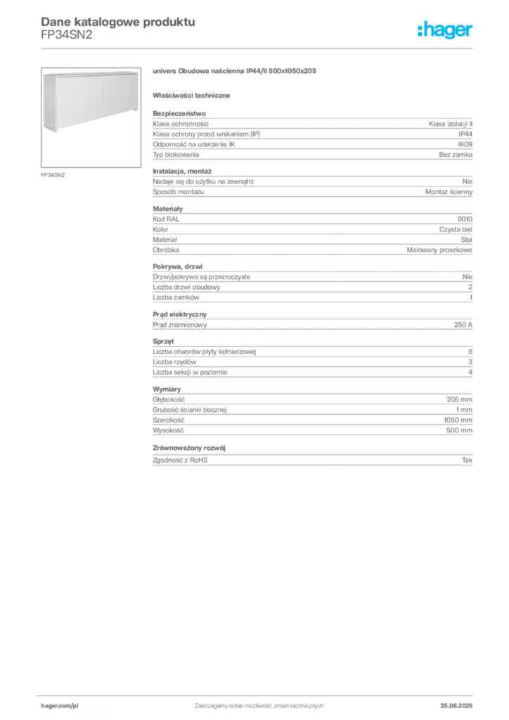Zdjęcie Hager Karta katalogowa FP34SN2 | Hager Polska