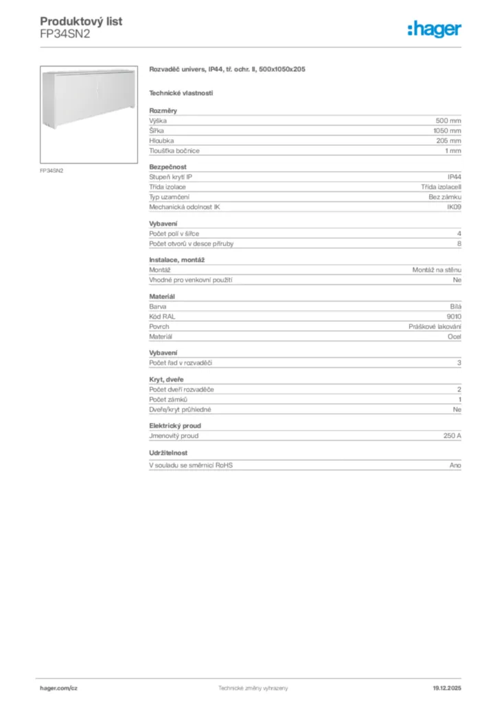 Obrázek Hager Produktový list FP34SN2 | Hager