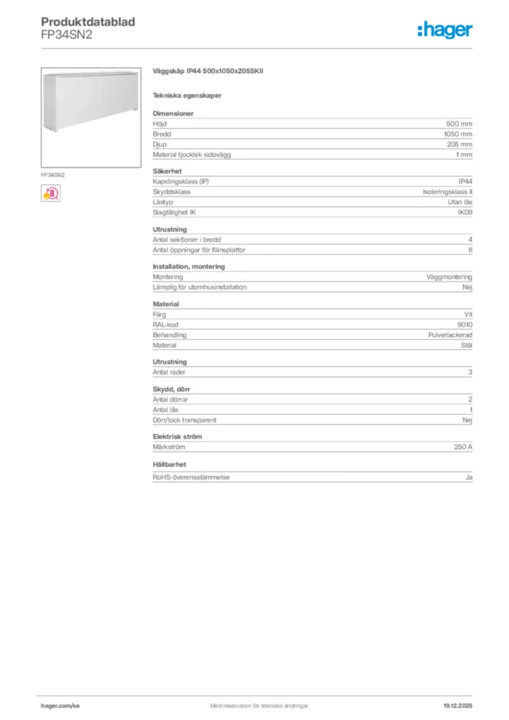 Bild Hager Produktdatablad FP34SN2 | Hager Sverige
