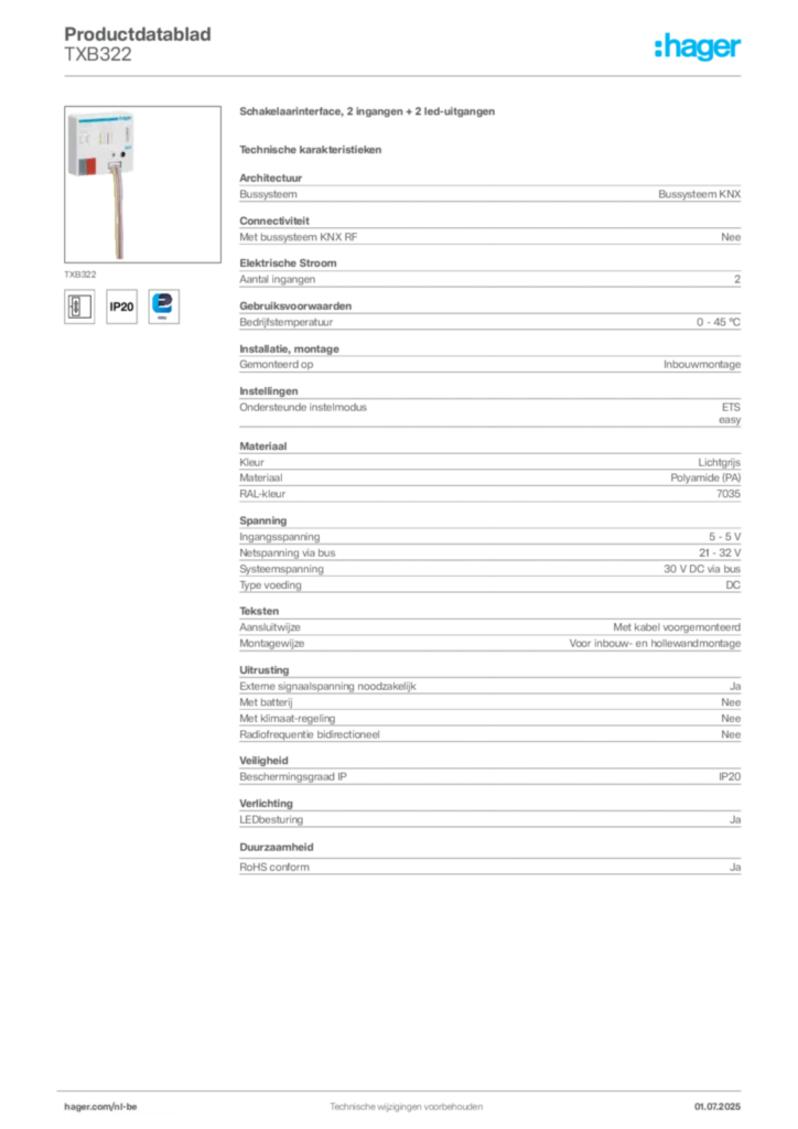 Afbeelding Hager Productdatablad TXB322 | Hager Belgium