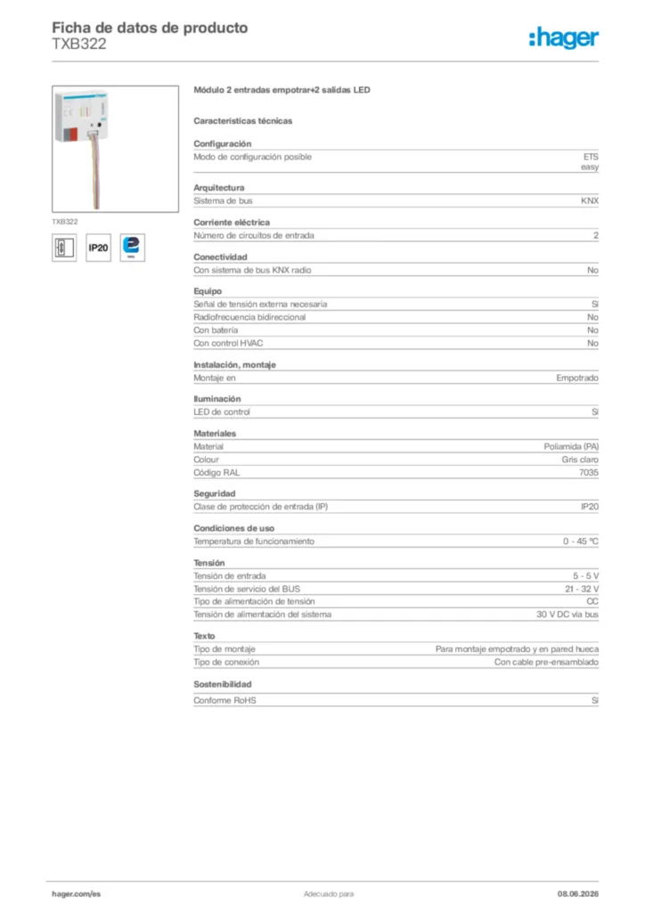 Imagen Hager Ficha de datos de producto TXB322 | Hager España