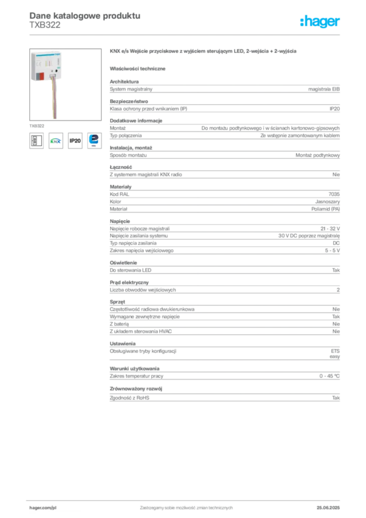 Zdjęcie Hager Karta katalogowa TXB322 | Hager Polska