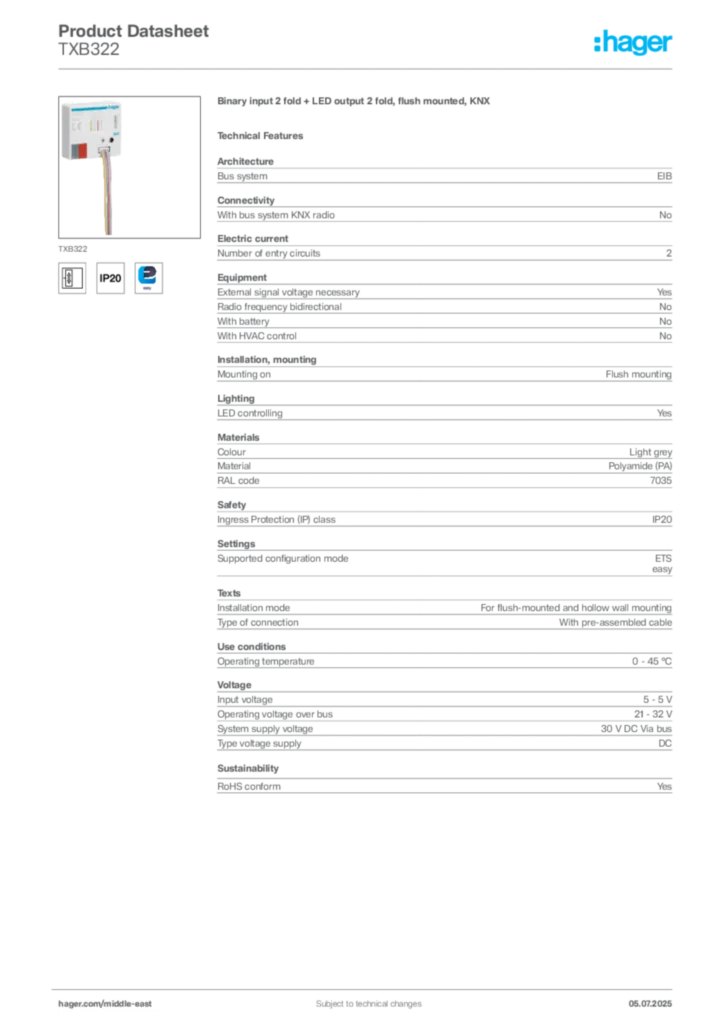 Image Hager Product data sheet TXB322  | Hager