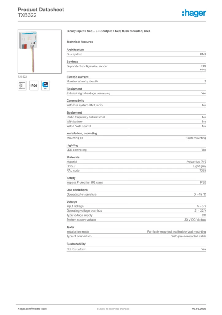 Image Hager Product data sheet TXB322  | Hager
