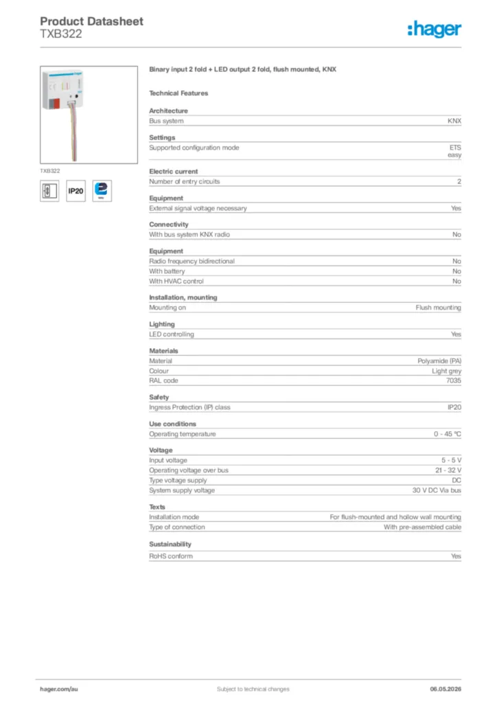 Image Hager Product data sheet TXB322  | Hager Australia