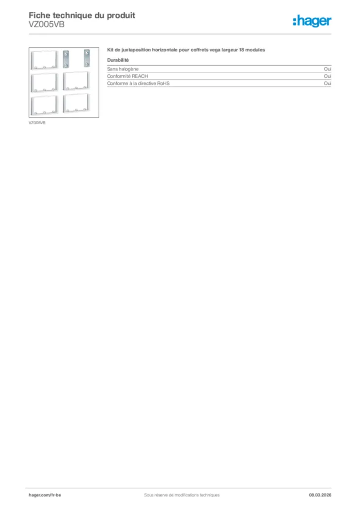 Image Hager Fiche technique du produit VZ005VB | Hager Belgique