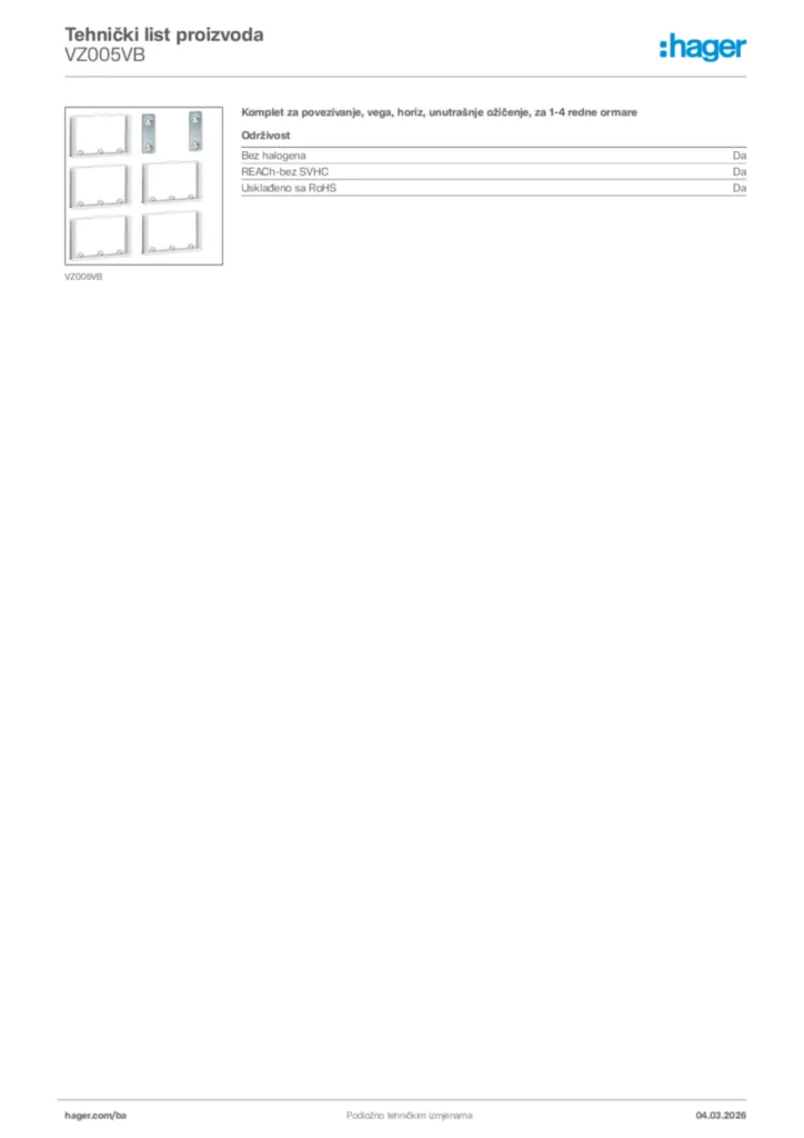 Slika Hager Tehnički list proizvoda VZ005VB  | Hager