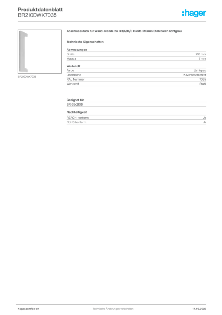 Bild Hager Produktdatenblatt BR210DWK7035 | Hager Schweiz