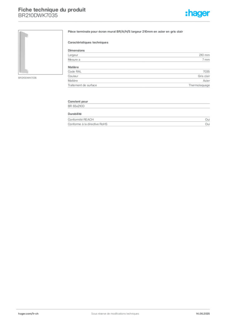 Image Hager Fiche technique du produit BR210DWK7035 | Hager Suisse