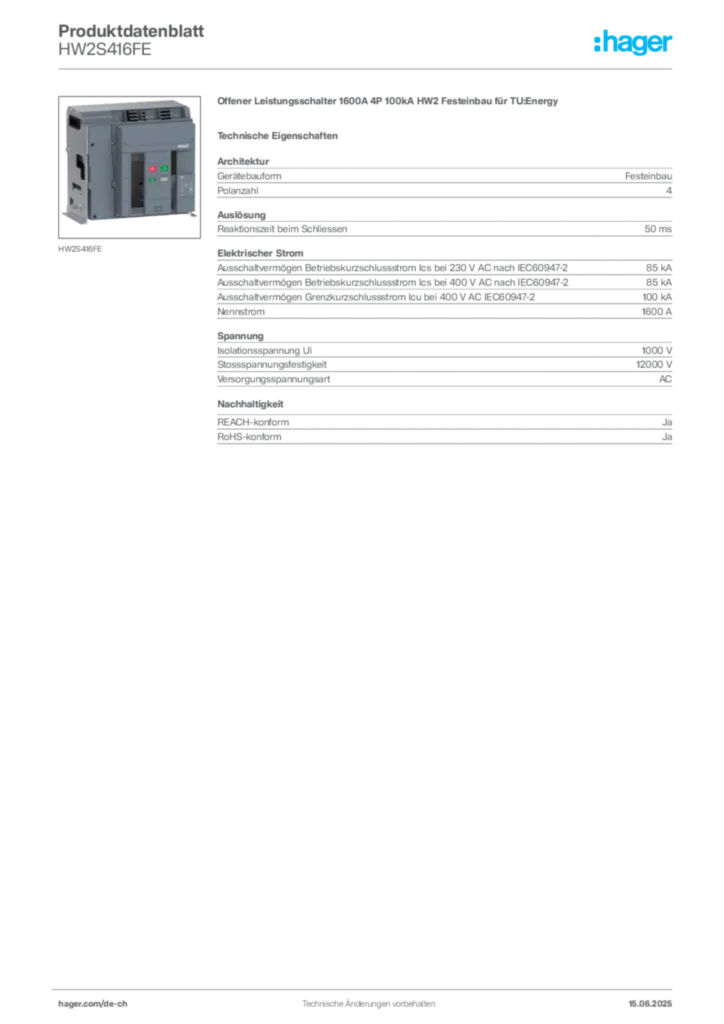 Bild Hager Produktdatenblatt HW2S416FE | Hager Schweiz