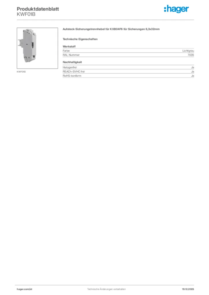 Bild Hager Produktdatenblatt KWF01B | Hager Deutschland