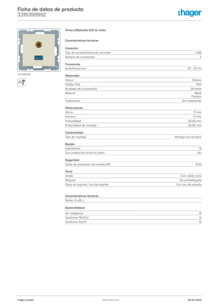 Imagen Hager Ficha de datos de producto 3315398982 | Hager España