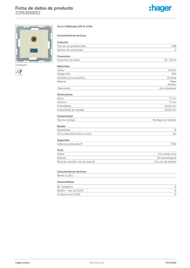 Imagen Hager Ficha de datos de producto 3315398982 | Hager España