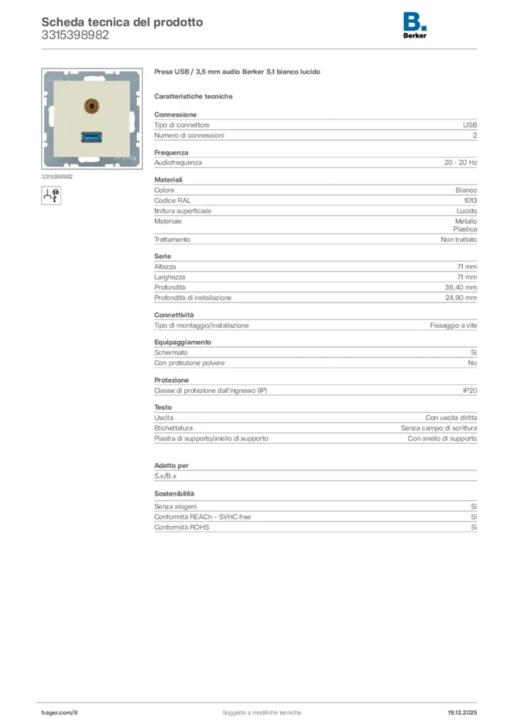 Immagine Berker Scheda tecnica del prodotto 3315398982 | Hager Italia