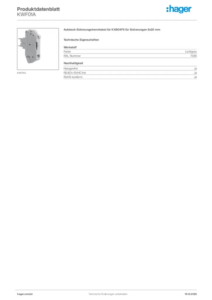 Bild Hager Produktdatenblatt KWF01A | Hager Deutschland