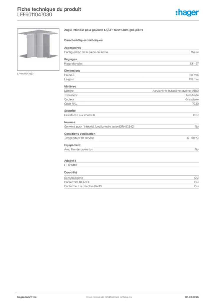 Image Hager Fiche technique du produit LFF6011047030 | Hager Belgique