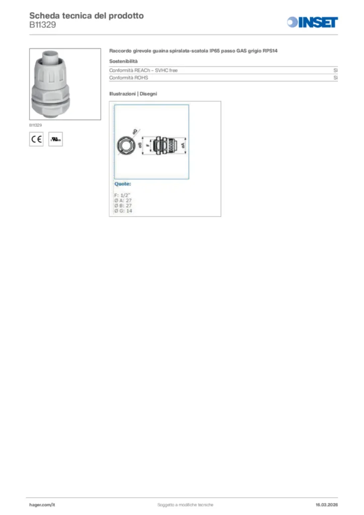 Immagine Inset Scheda tecnica del prodotto B11329 | Hager Italia