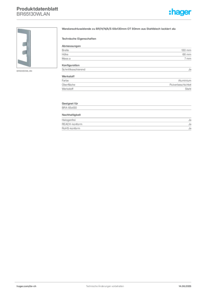 Bild Hager Produktdatenblatt BR65130WLAN | Hager Schweiz