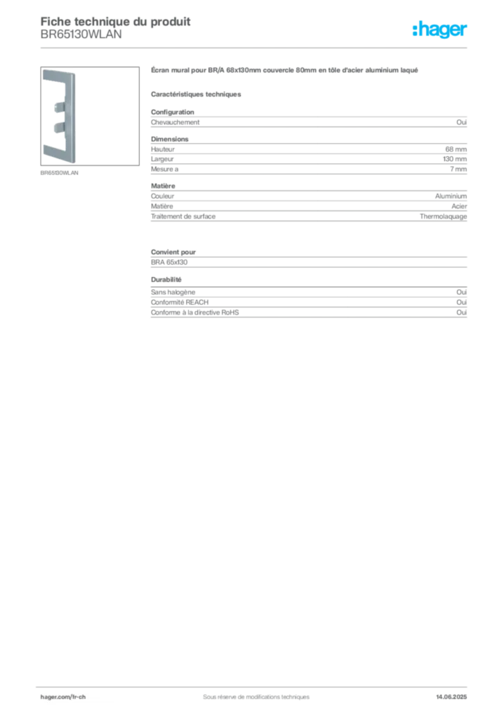 Image Hager Fiche technique du produit BR65130WLAN | Hager Suisse