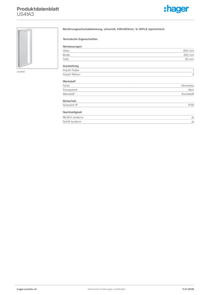 Bild Hager Produktdatenblatt US41A3 | Hager Schweiz