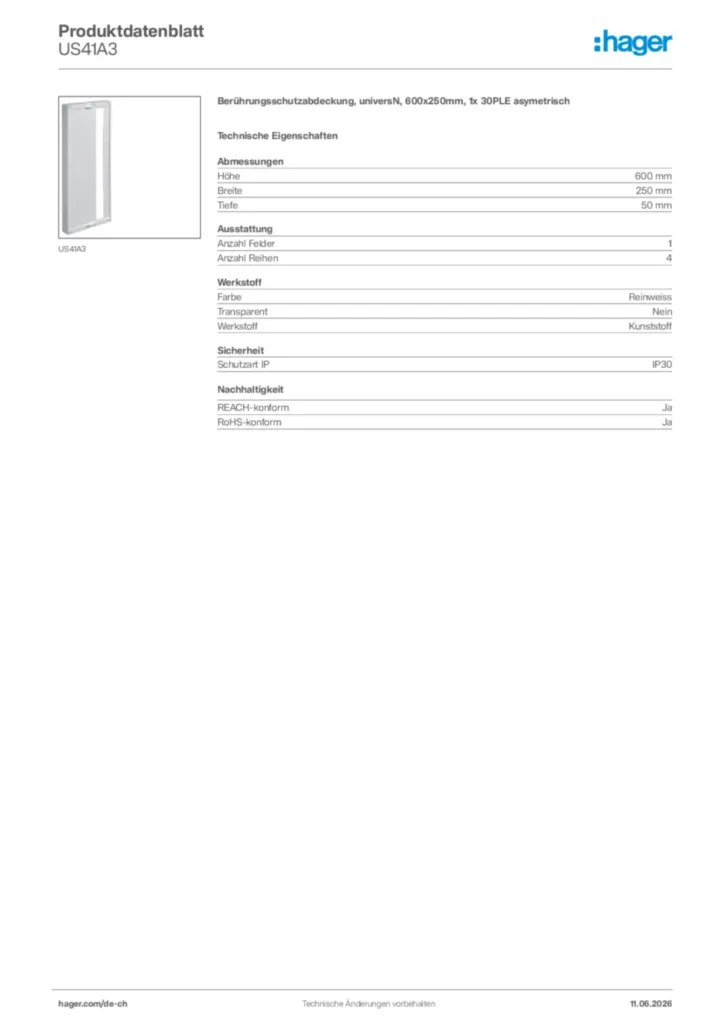 Bild Hager Produktdatenblatt US41A3 | Hager Schweiz