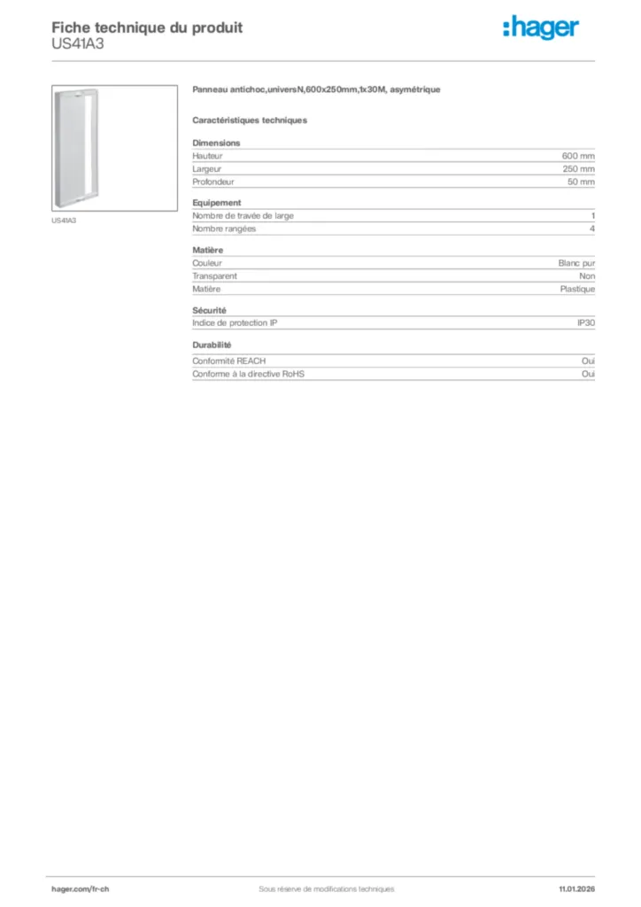 Image Hager Fiche technique du produit US41A3 | Hager Suisse