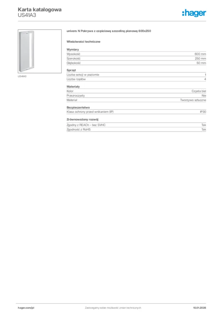 Zdjęcie Hager Karta katalogowa US41A3 | Hager Polska