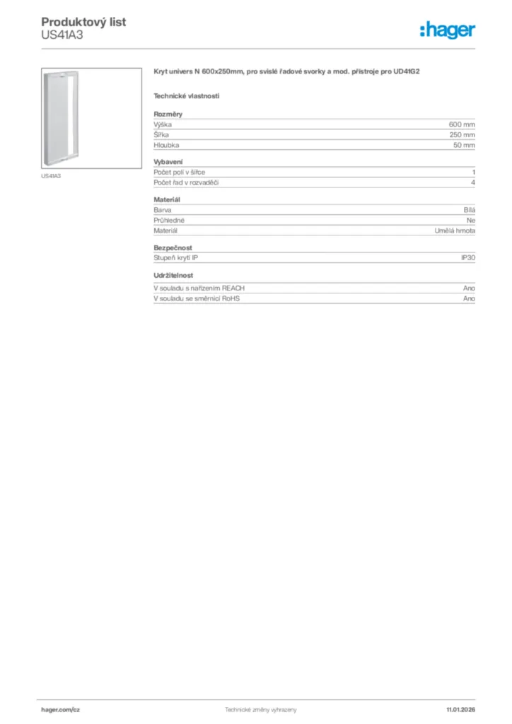 Obrázek Hager Product data sheet US41A3 | Hager