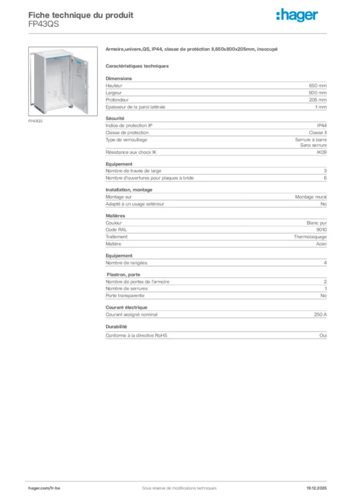 Image Hager Fiche technique du produit FP43QS | Hager Belgique