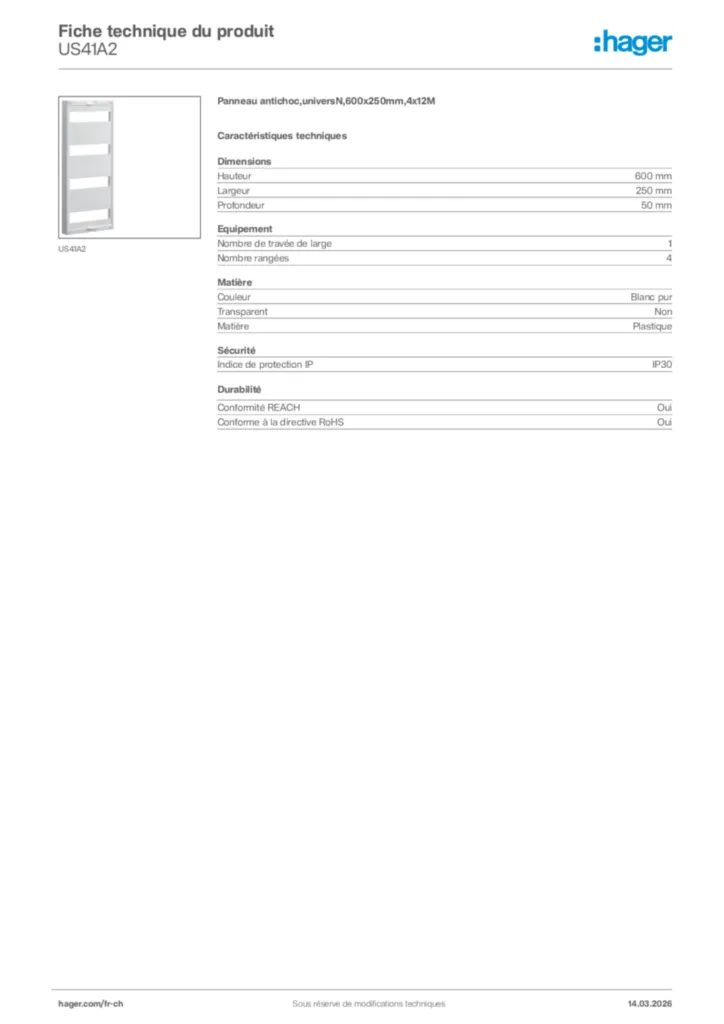 Image Hager Fiche technique du produit US41A2 | Hager Suisse