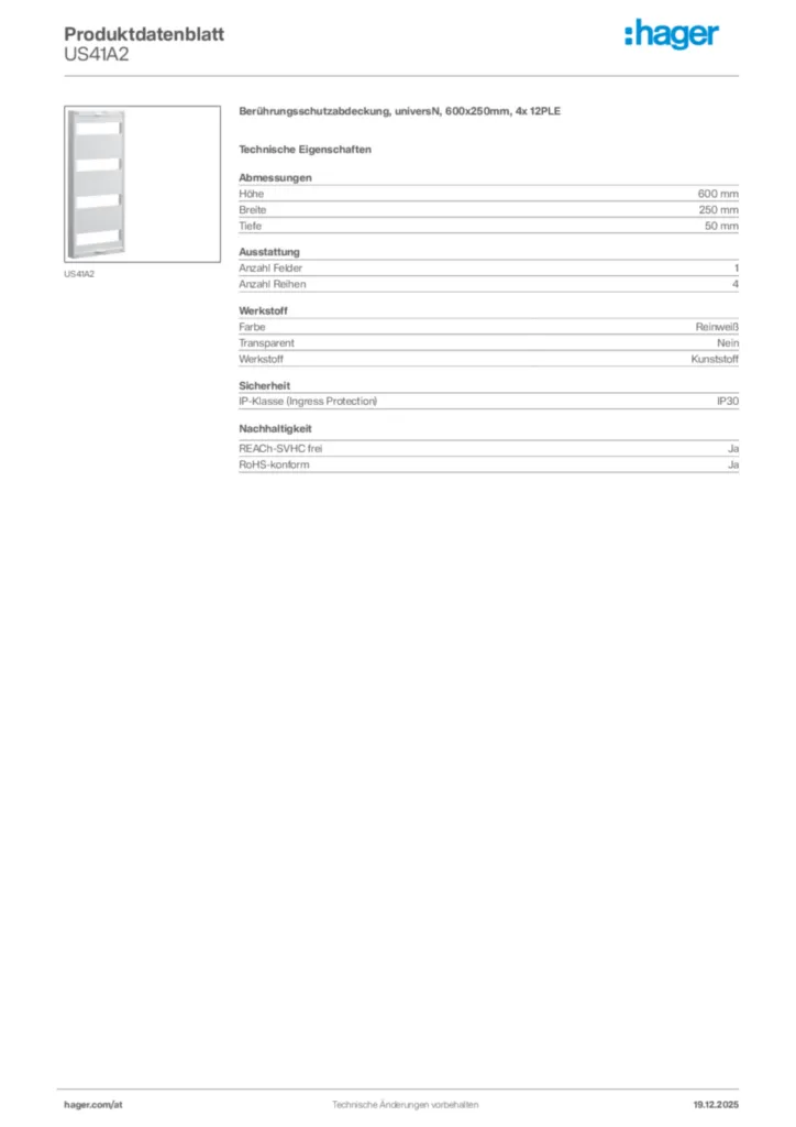 Bild Hager Produktdatenblatt US41A2 | Hager Deutschland