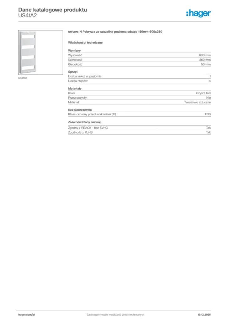 Zdjęcie Hager Karta katalogowa US41A2 | Hager Polska