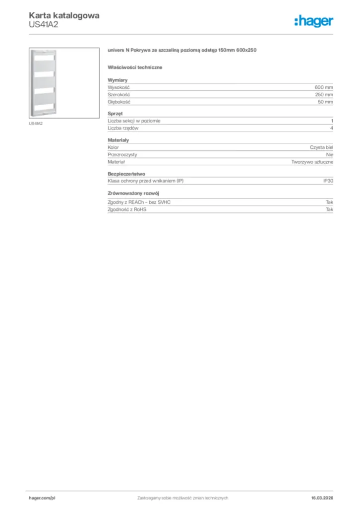 Zdjęcie Hager Karta katalogowa US41A2 | Hager Polska