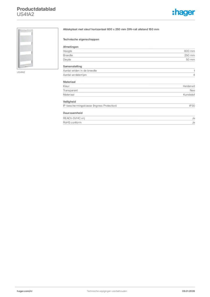 Afbeelding Hager Productdatablad US41A2 | Hager Nederland