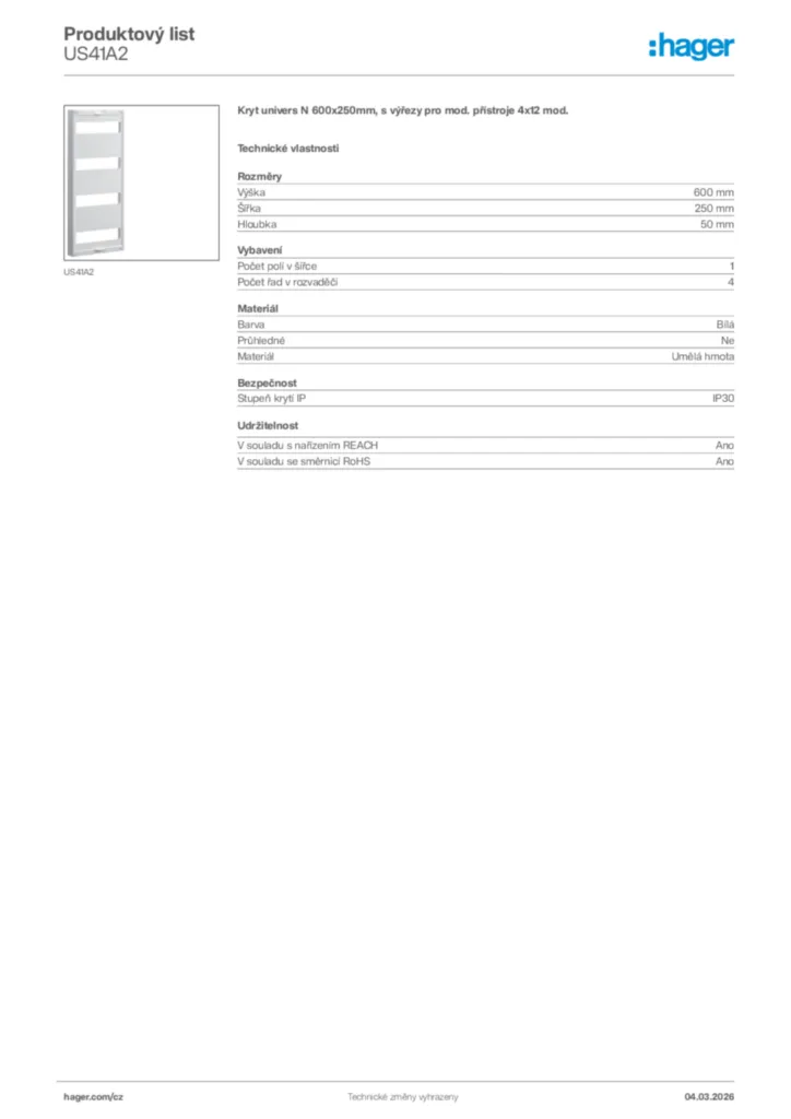 Obrázek Hager Product data sheet US41A2 | Hager
