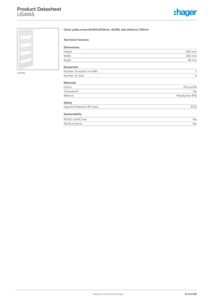 Image Hager Product data sheet US41A5  | Hager Africa