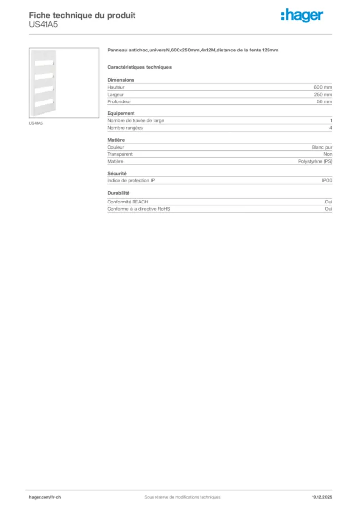 Image Hager Fiche technique du produit US41A5 | Hager Suisse