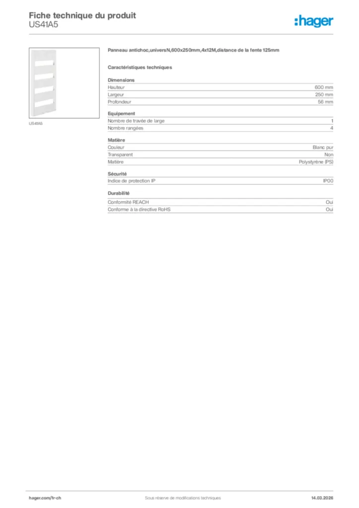 Image Hager Fiche technique du produit US41A5 | Hager Suisse