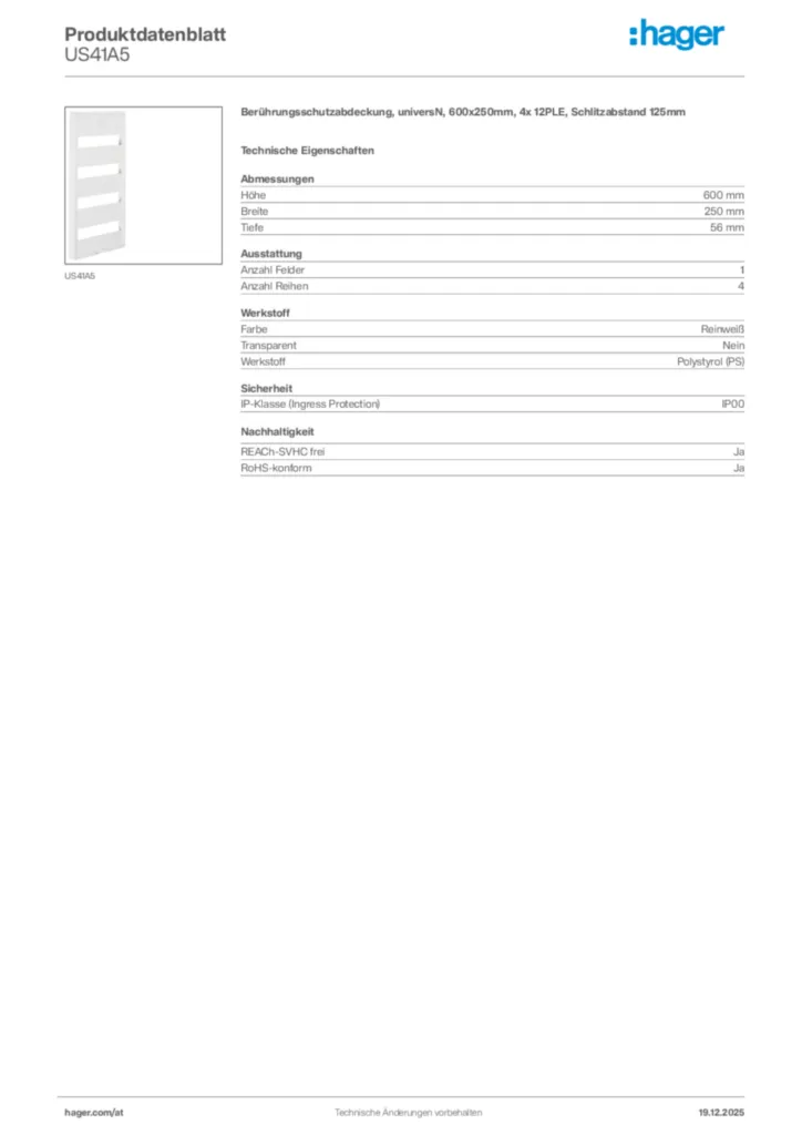 Bild Hager Produktdatenblatt US41A5 | Hager Deutschland
