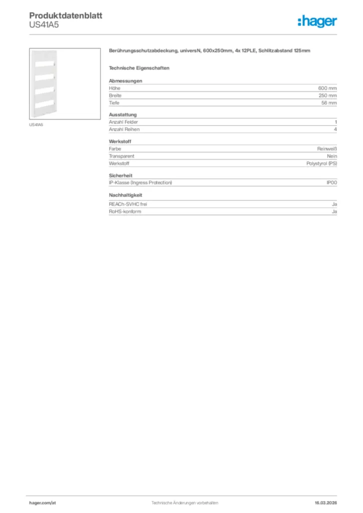 Bild Hager Produktdatenblatt US41A5 | Hager Deutschland