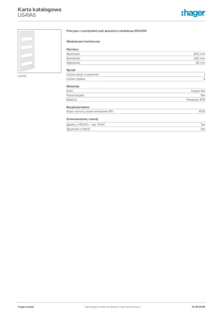 Zdjęcie Hager Karta katalogowa US41A5 | Hager Polska