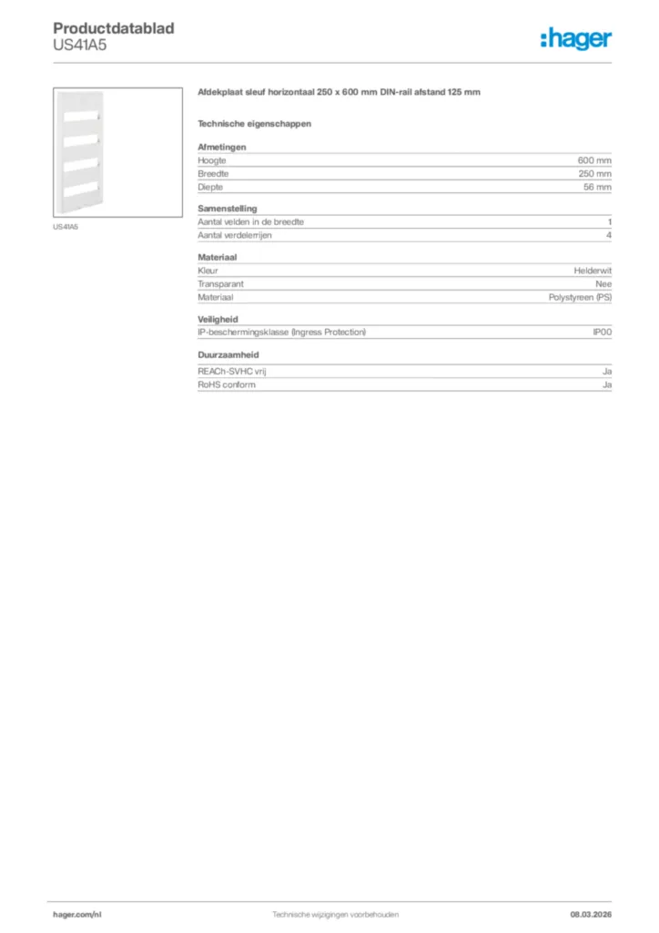 Afbeelding Hager Productdatablad US41A5 | Hager Nederland