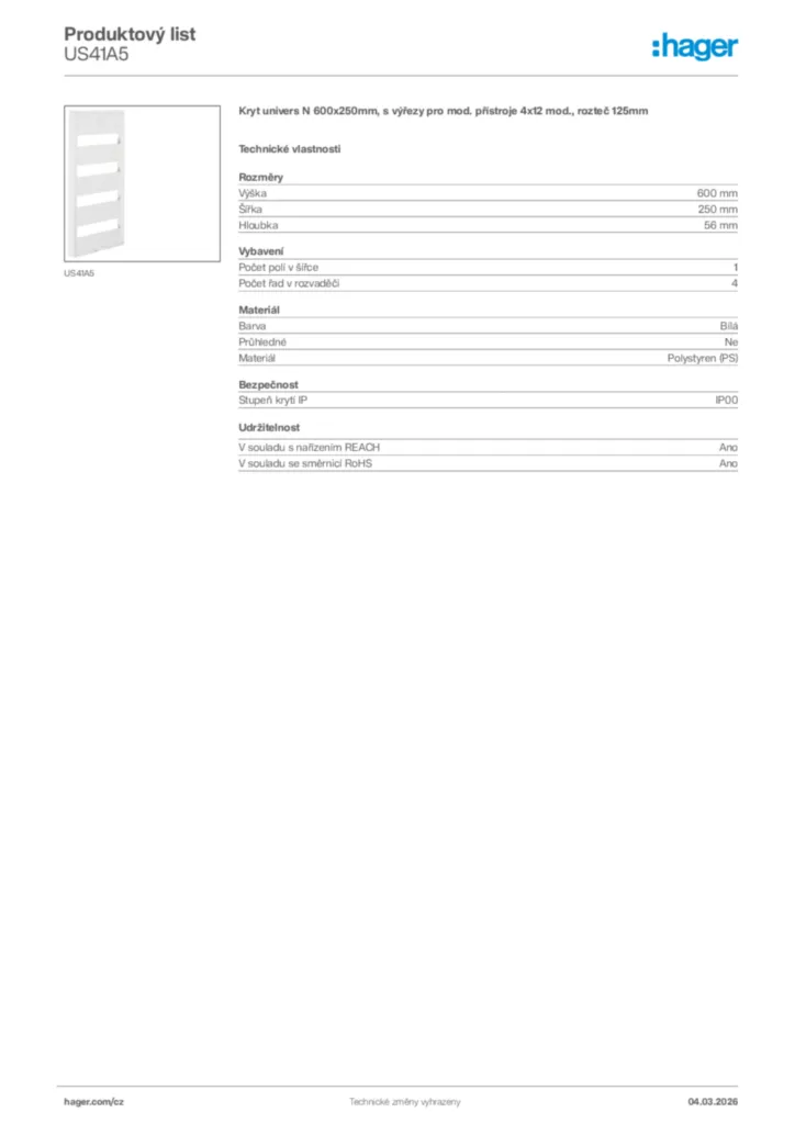 Obrázek Hager Product data sheet US41A5 | Hager