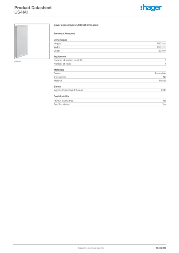 Image Hager Product data sheet US41A1  | Hager Africa