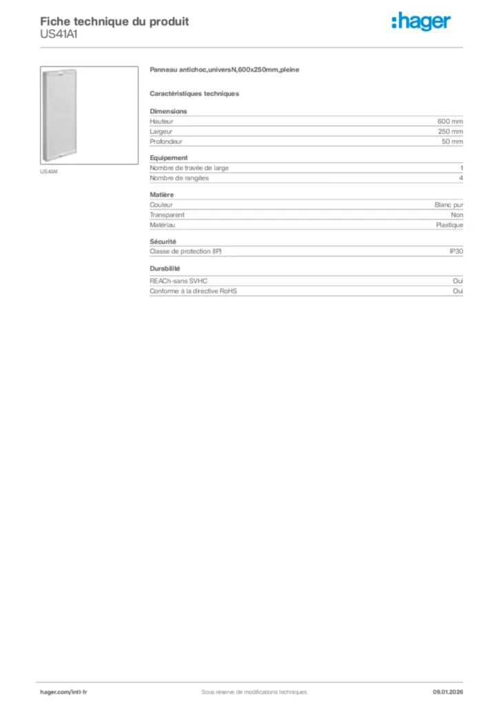 Image Hager Fiche technique du produit US41A1 | Hager Afrique